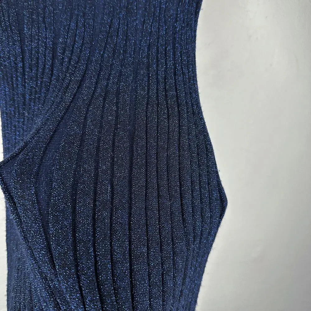 & Other Stories Glittery Pleated Rib Knit Midnight Navy Blue Sheer Midi Skirt XS